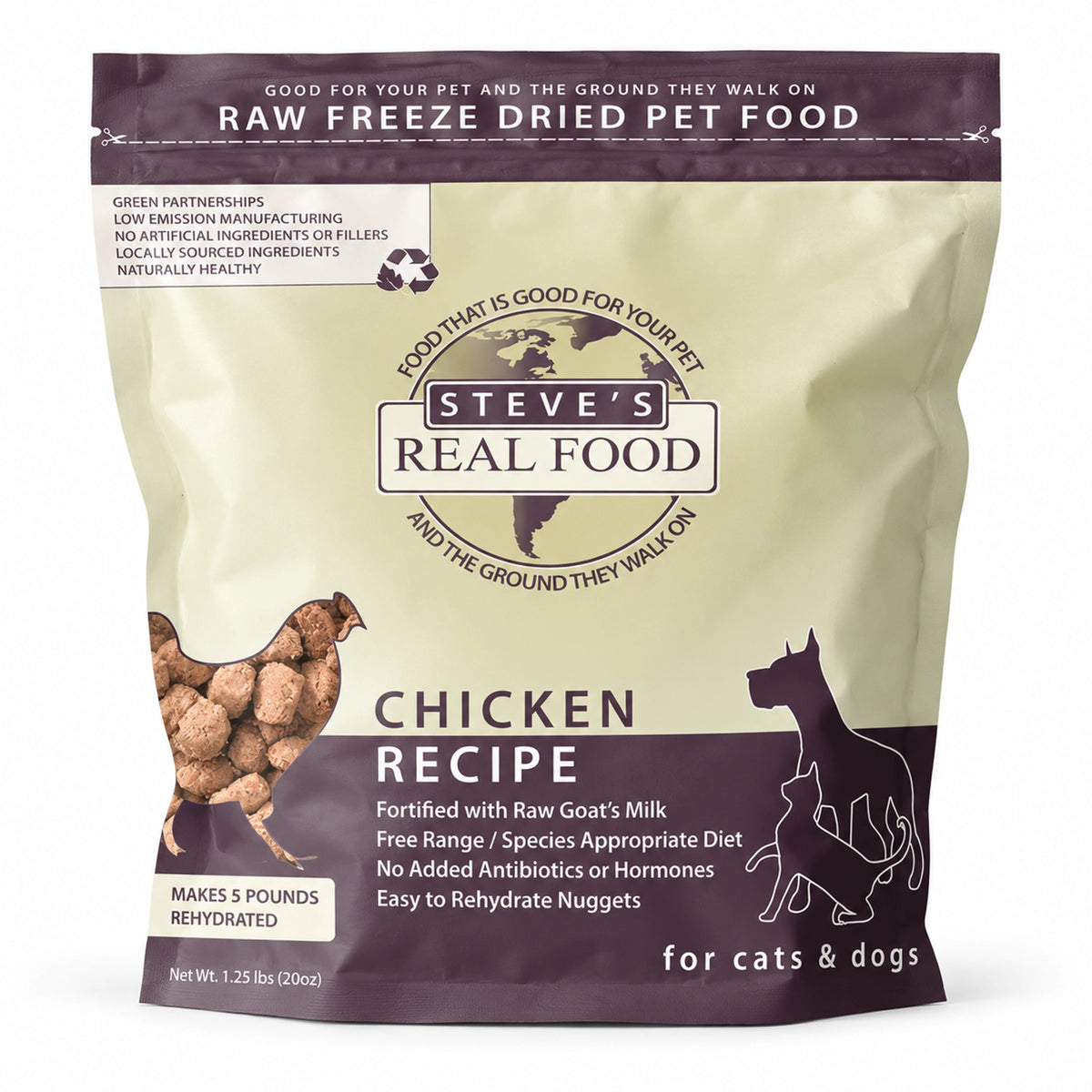 Front of Steve's Real Food Freeze-Dried Nuggets Raw Dog & Cat Food Chicken Recipe 1.25-lb