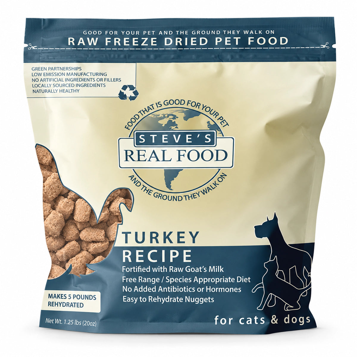 Front of Steve's Real Food Freeze-Dried Nuggets Raw Dog & Cat Food Turkey Recipe 1.25-lb