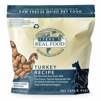 Front of Steve's Real Food Freeze-Dried Nuggets Raw Dog & Cat Food Turkey Recipe 1.25-lb