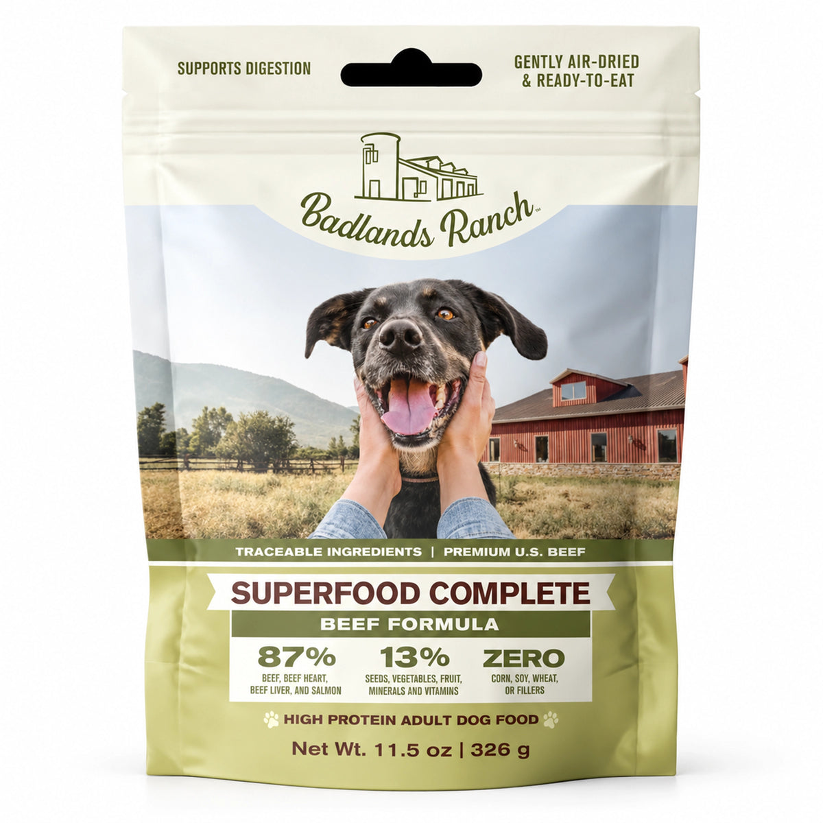 Front of Badlands Ranch Superfood Complete Air-Dried Dog Food Beef 11.5-oz