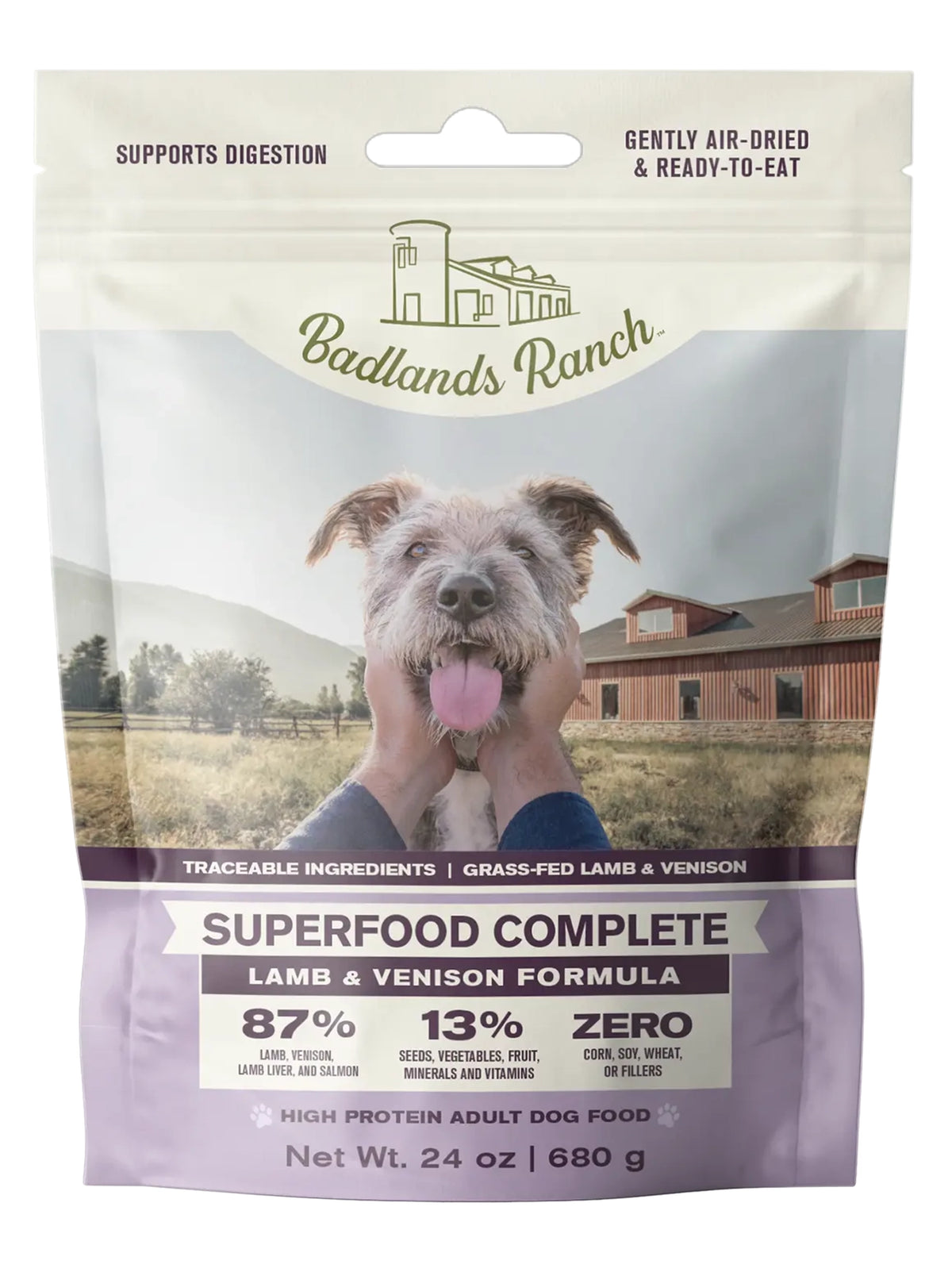 Front of Badlands Ranch Superfood Complete Air-Dried Dog Food Lamb & Venison 24-oz