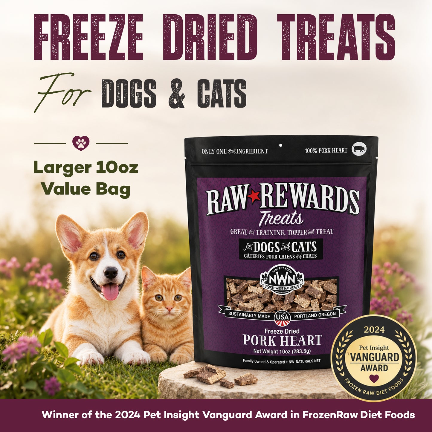 Freeze-dried pet treats of Northwest Naturals Raw Rewards Freeze Dried Dog & Cat Treats Pork Heart 3-oz