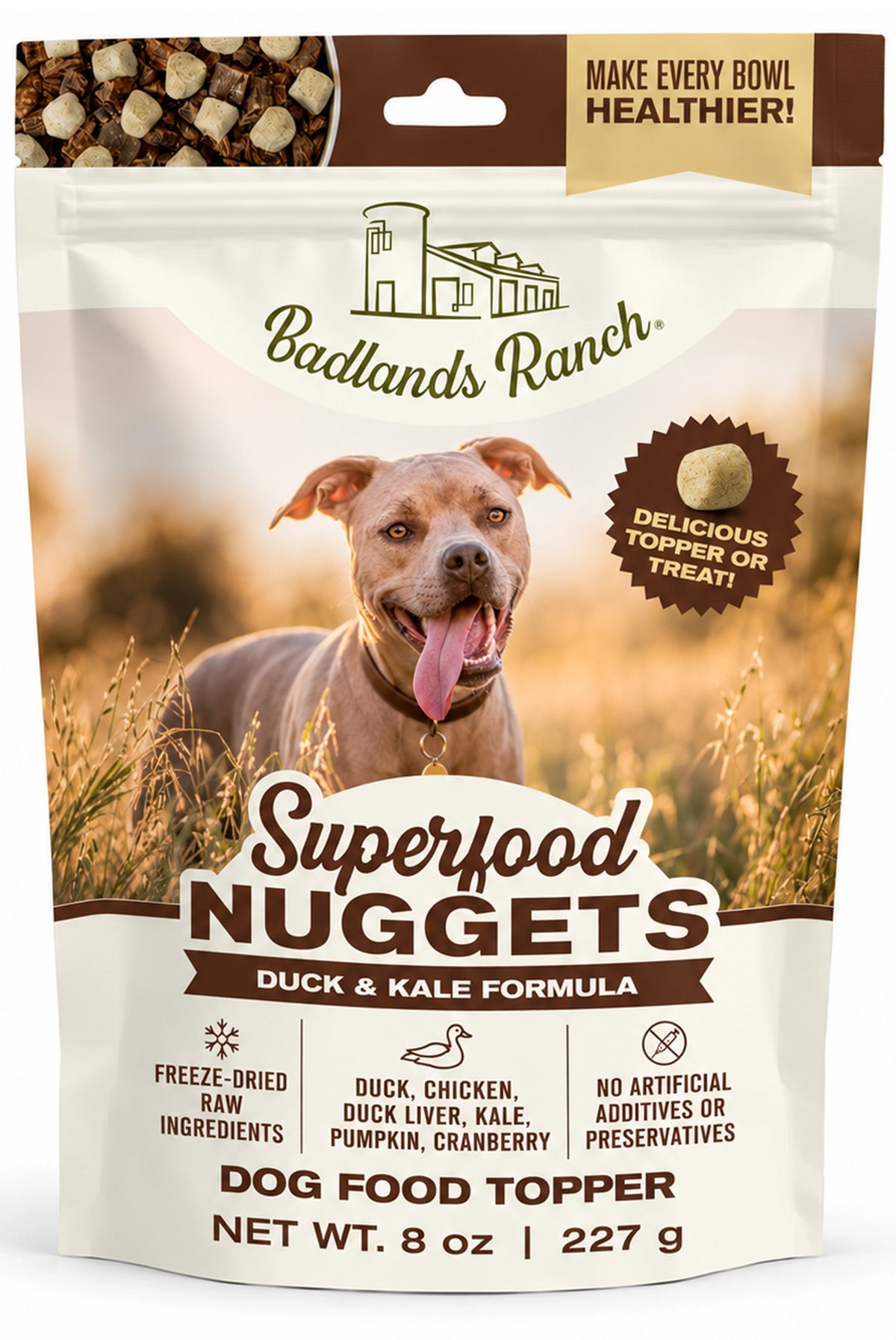 Front of Badlands Ranch Superfood Nuggets Freeze-Dried Raw Dog Treats Duck & Kale 8-oz