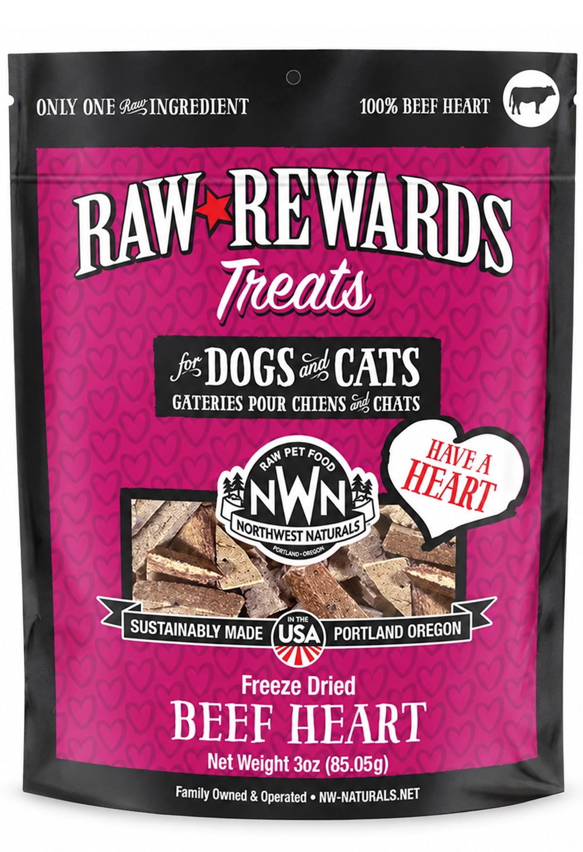 Front of Northwest Naturals Raw Rewards Freeze Dried Dog & Cat Treats Beef Heart 3-oz