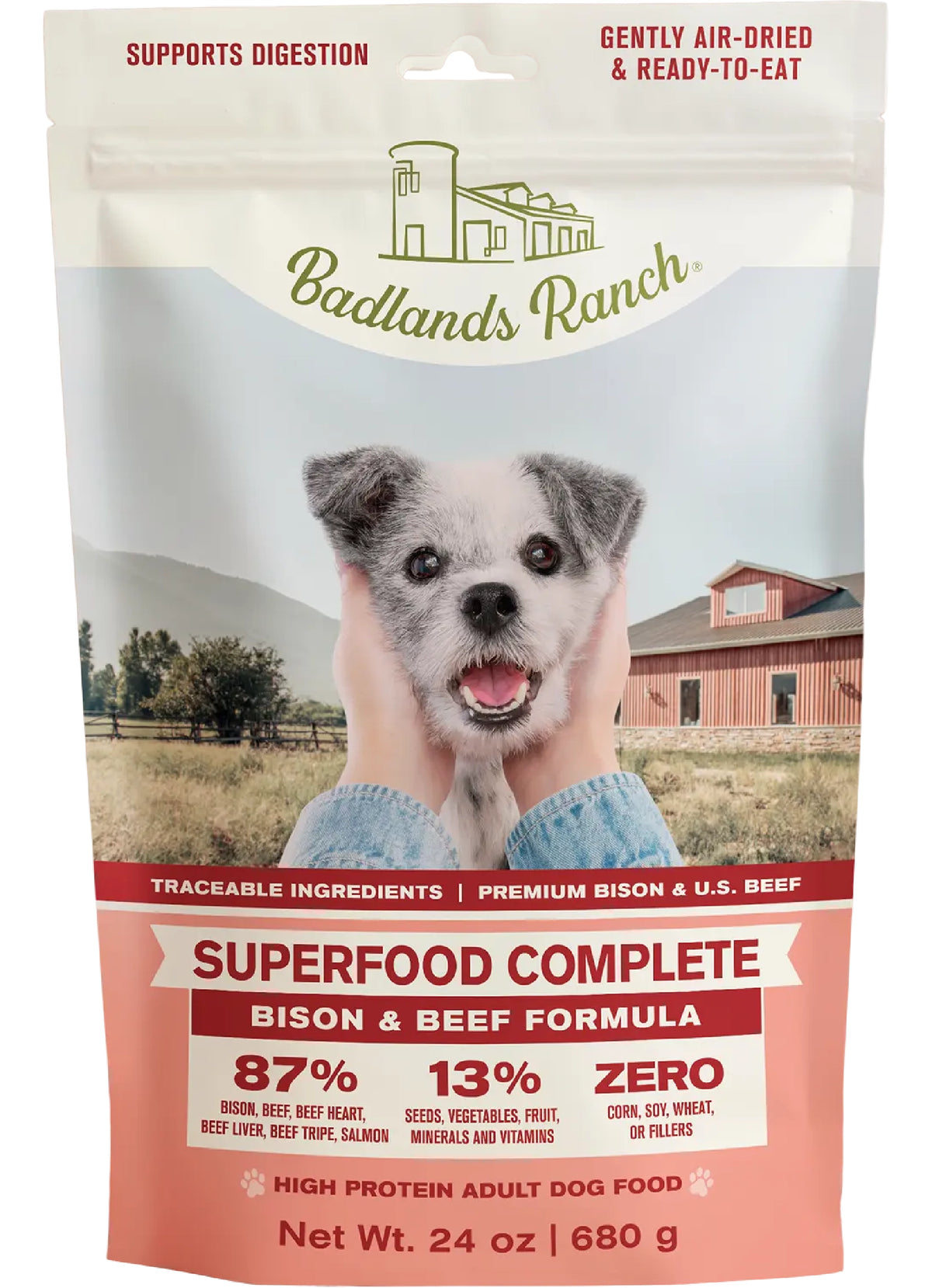 Front of Badlands Ranch Superfood Complete Air-Dried Dog Food Bison & Beef 24-oz