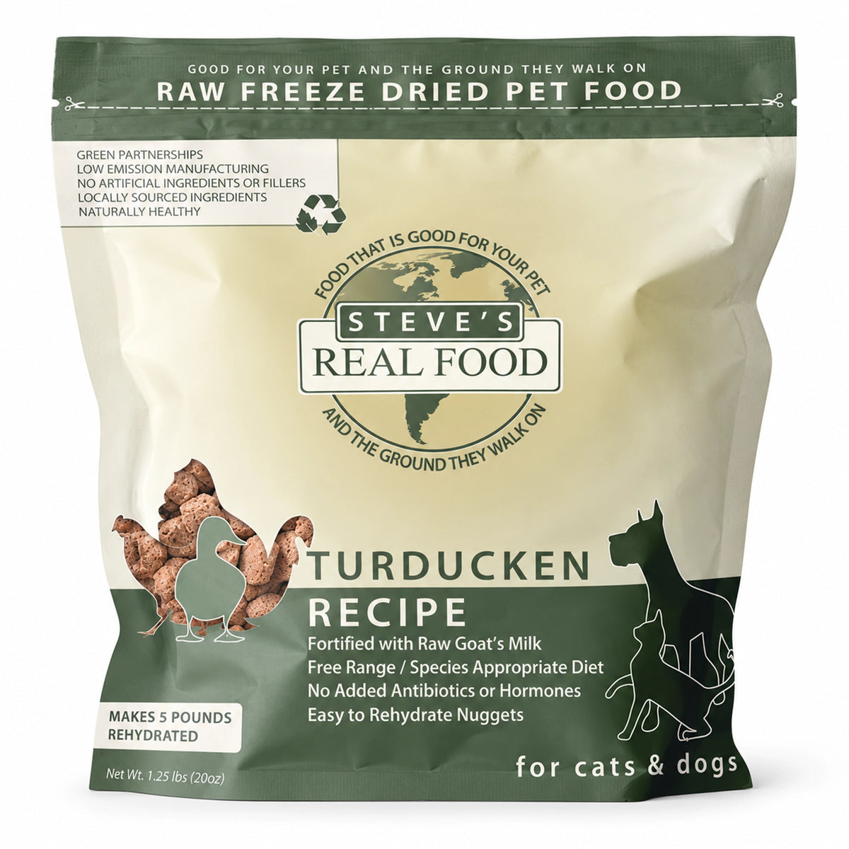 Front of Steve's Real Food Freeze-Dried Nuggets Raw Dog & Cat Food Turducken Recipe 1.25-lb