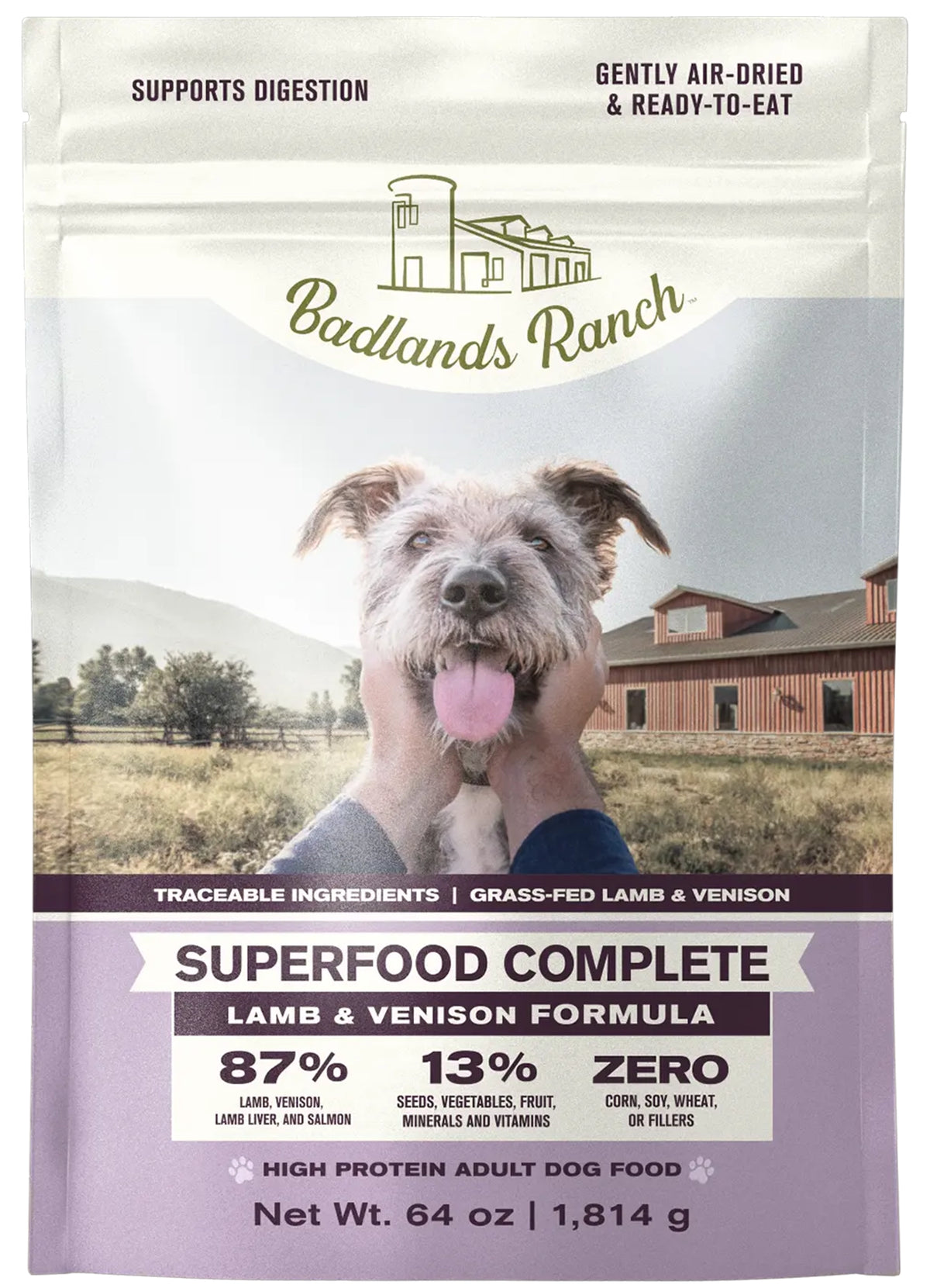 Front of Badlands Ranch Superfood Complete Air-Dried Dog Food Lamb & Venison 64-oz