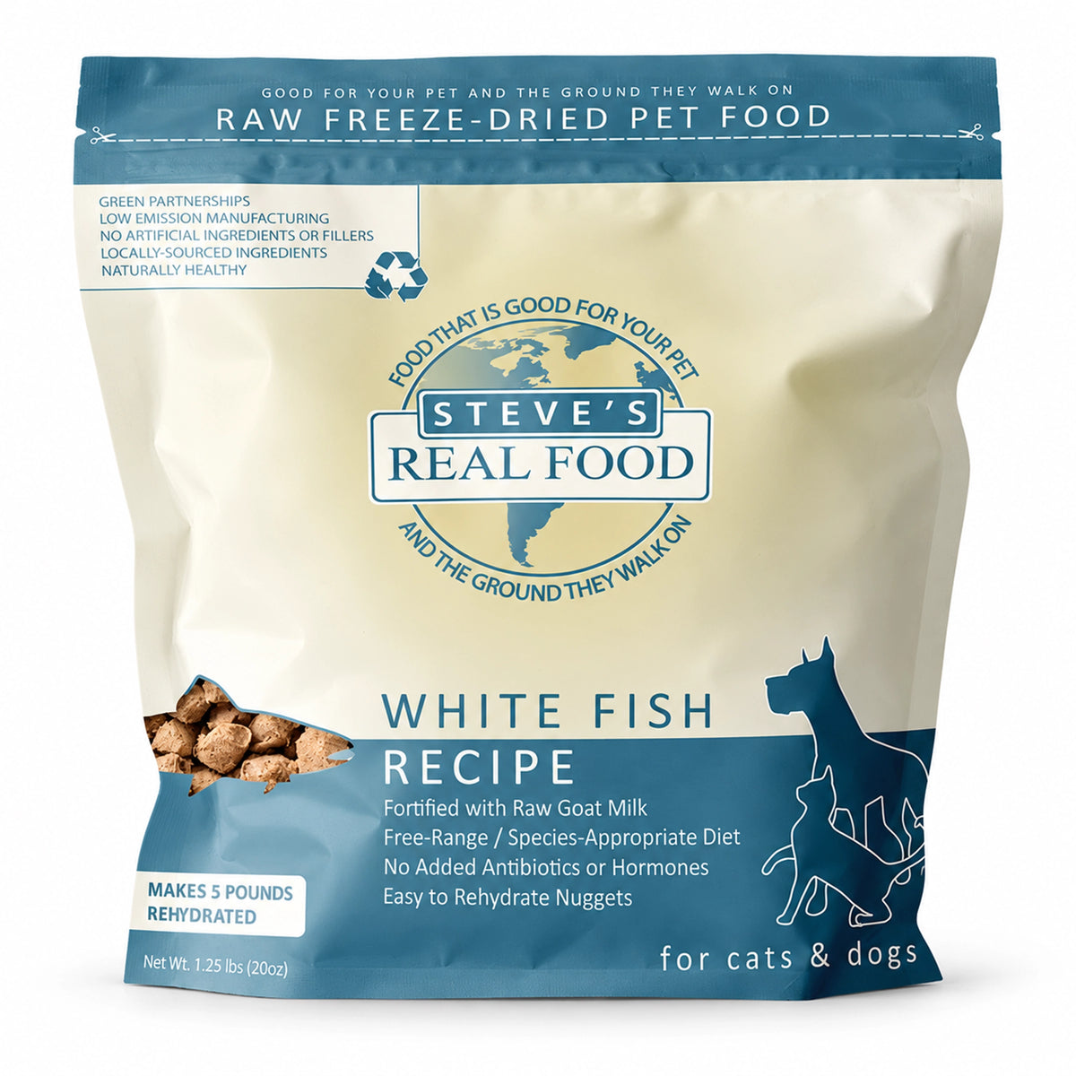 Front of Steve's Real Food Freeze-Dried Nuggets Raw Dog & Cat Food White Fish Recipe 1.25-lb