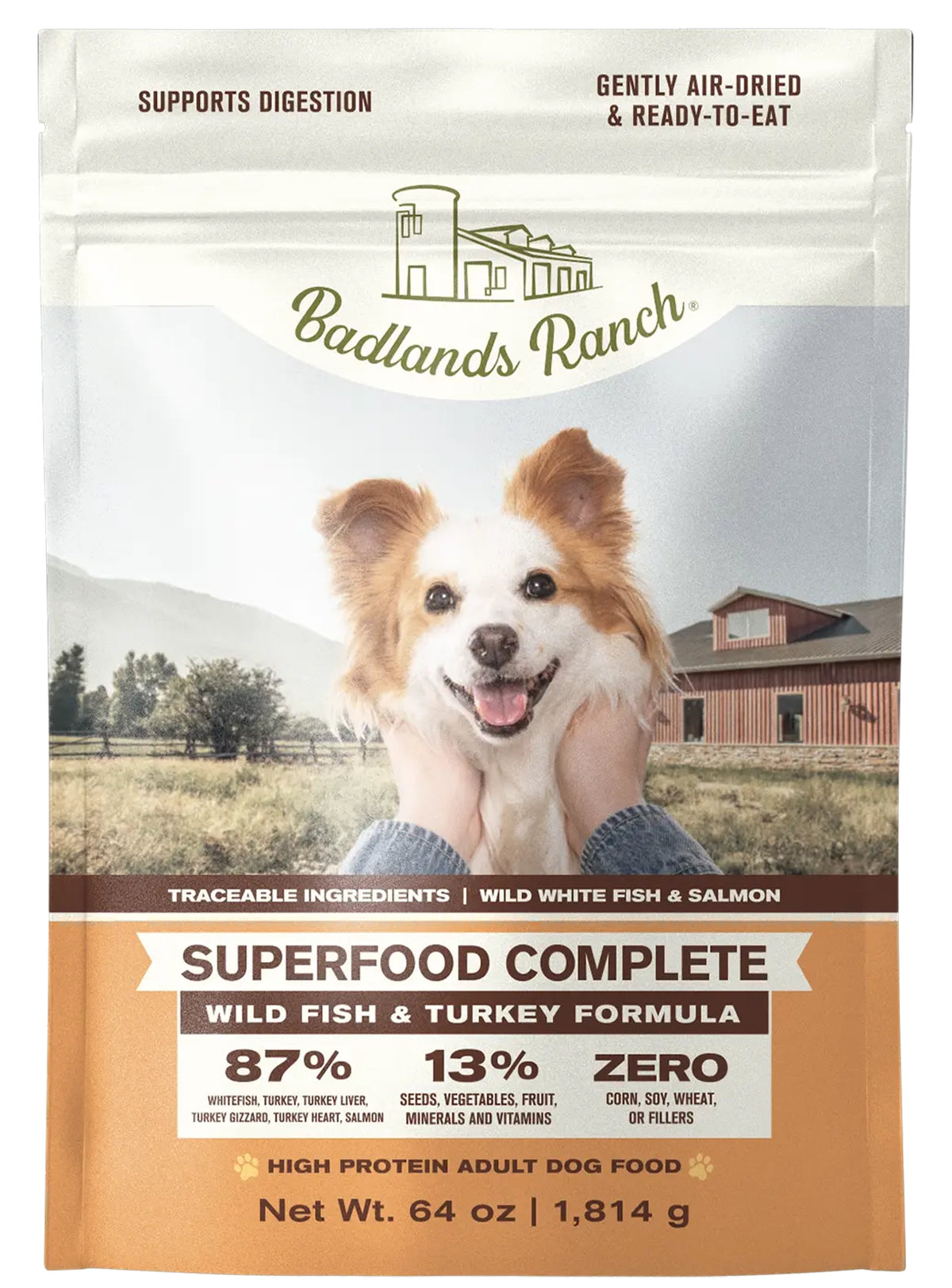 Front of Badlands Ranch Superfood Complete Air-Dried Dog Food Wild Fish & Turkey 64-oz