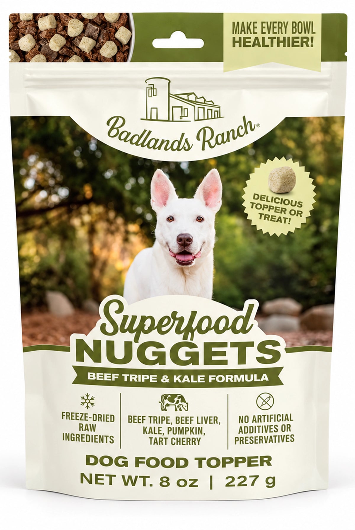 Front of Badlands Ranch Superfood Nuggets Freeze-Dried Raw Dog Treats Beef Tripe & Kale 8-oz