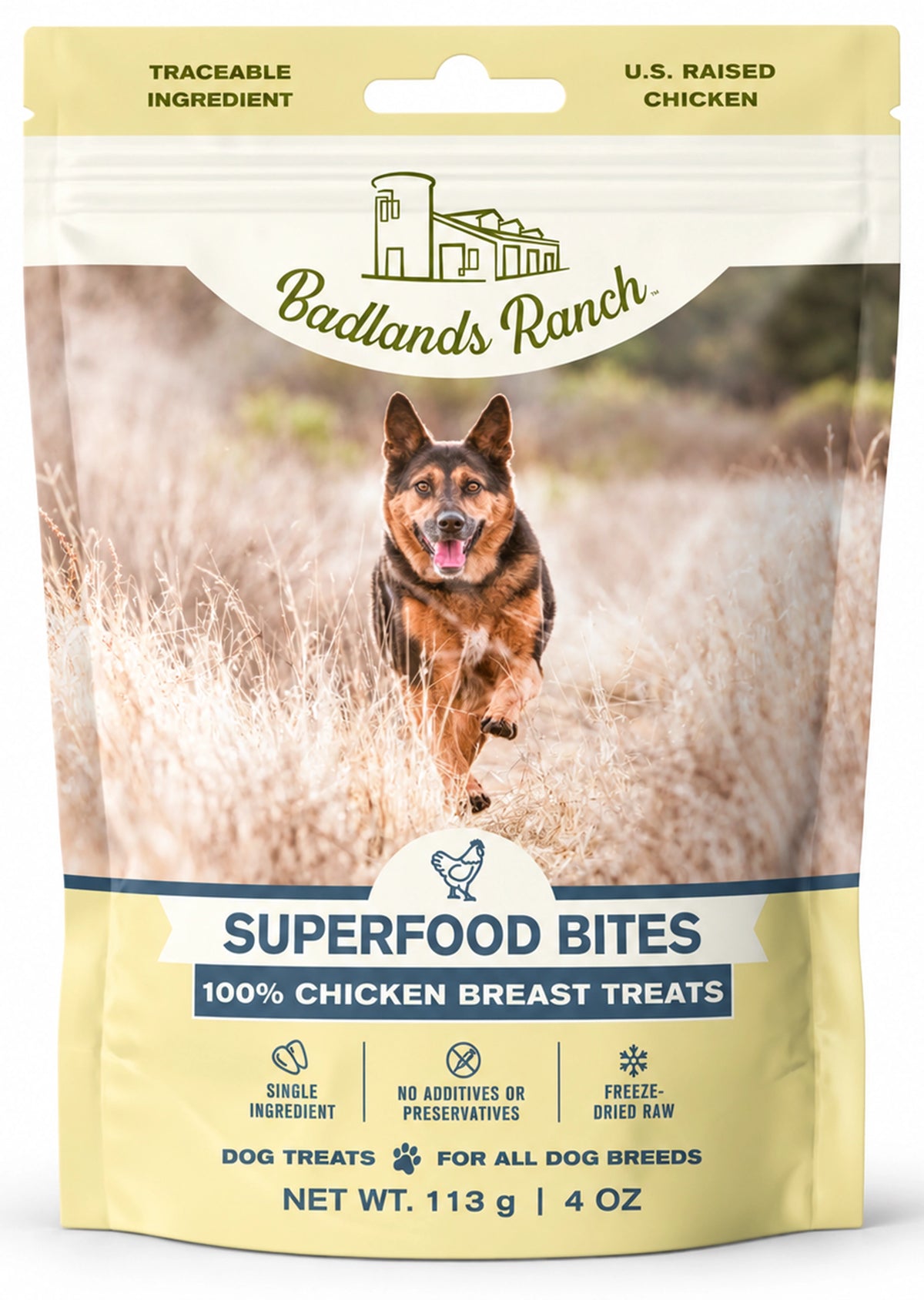 Front of Badlands Ranch Superfood Bites Freeze-Dried Raw Dog Treats Chicken Breast 4-oz