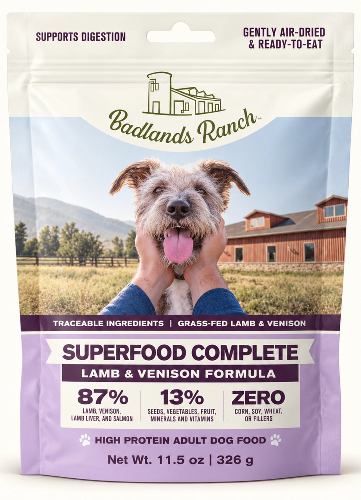 Front of Badlands Ranch Superfood Complete Air-Dried Dog Food Lamb & Venison 11.5-oz