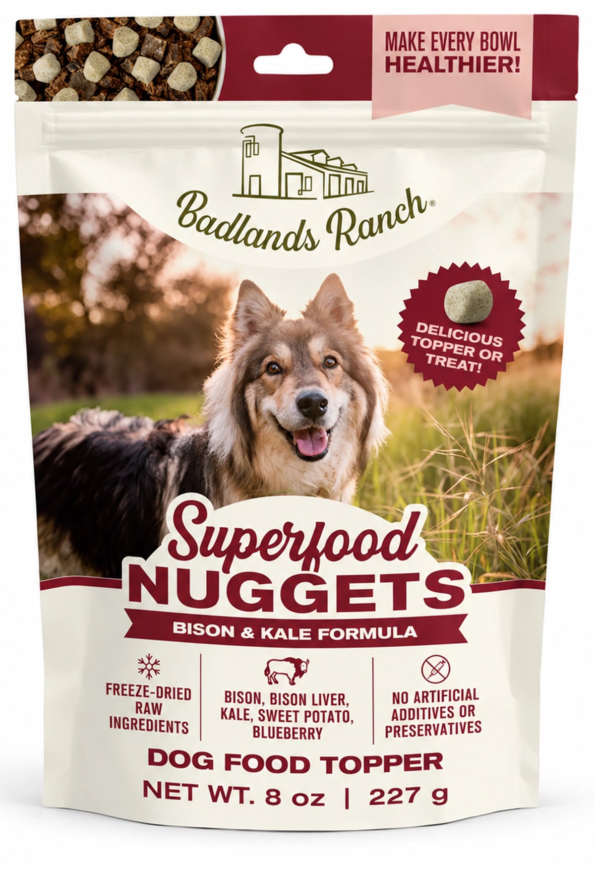 Front of Badlands Ranch Superfood Nuggets Freeze-Dried Raw Dog Treats Bison & Kale 8-oz