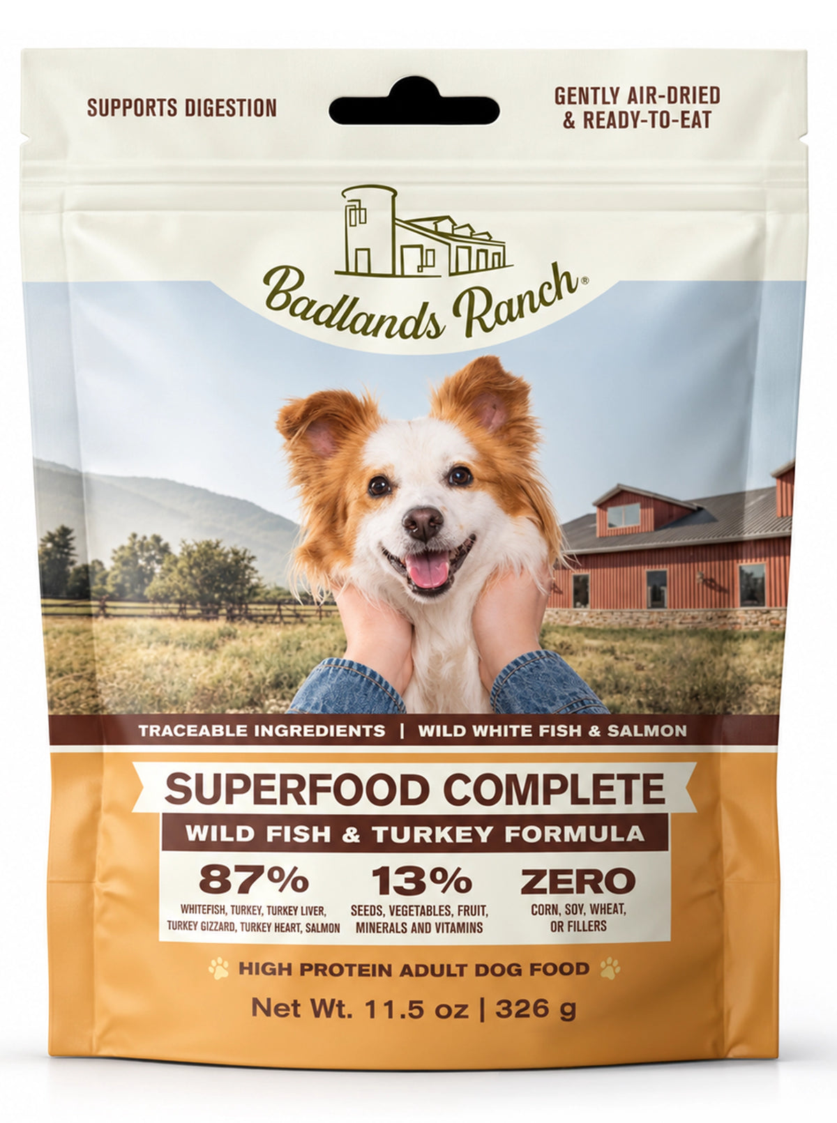 Front of Badlands Ranch Superfood Complete Air-Dried Dog Food Wild Fish & Turkey 11.5-oz