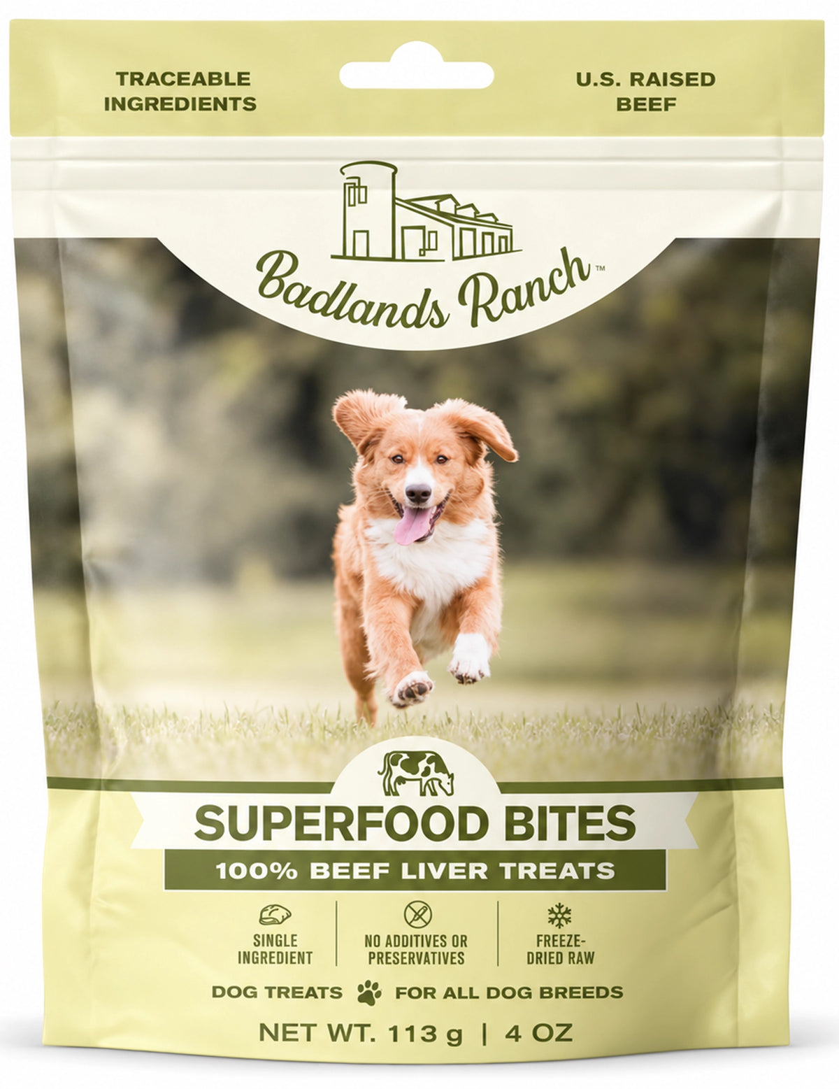 front of Badlands Ranch Superfood Bites Freeze-Dried Raw Dog Treats Beef Liver 4-oz