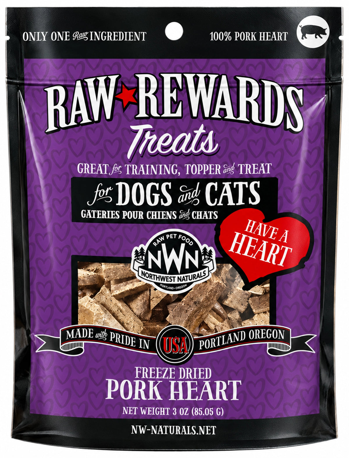 Front of Northwest Naturals Raw Rewards Freeze Dried Dog & Cat Treats Pork Heart 3-oz