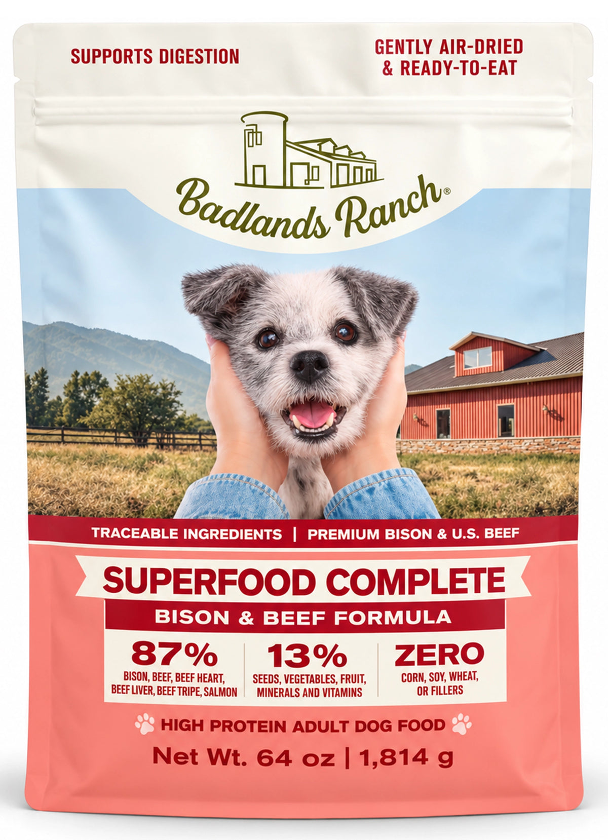 Front of Badlands Ranch Superfood Complete Air-Dried Dog Food Bison & Beef 64-oz