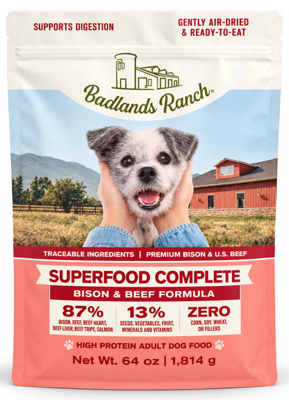 Front of Badlands Ranch Superfood Complete Air-Dried Dog Food Bison & Beef 64-oz