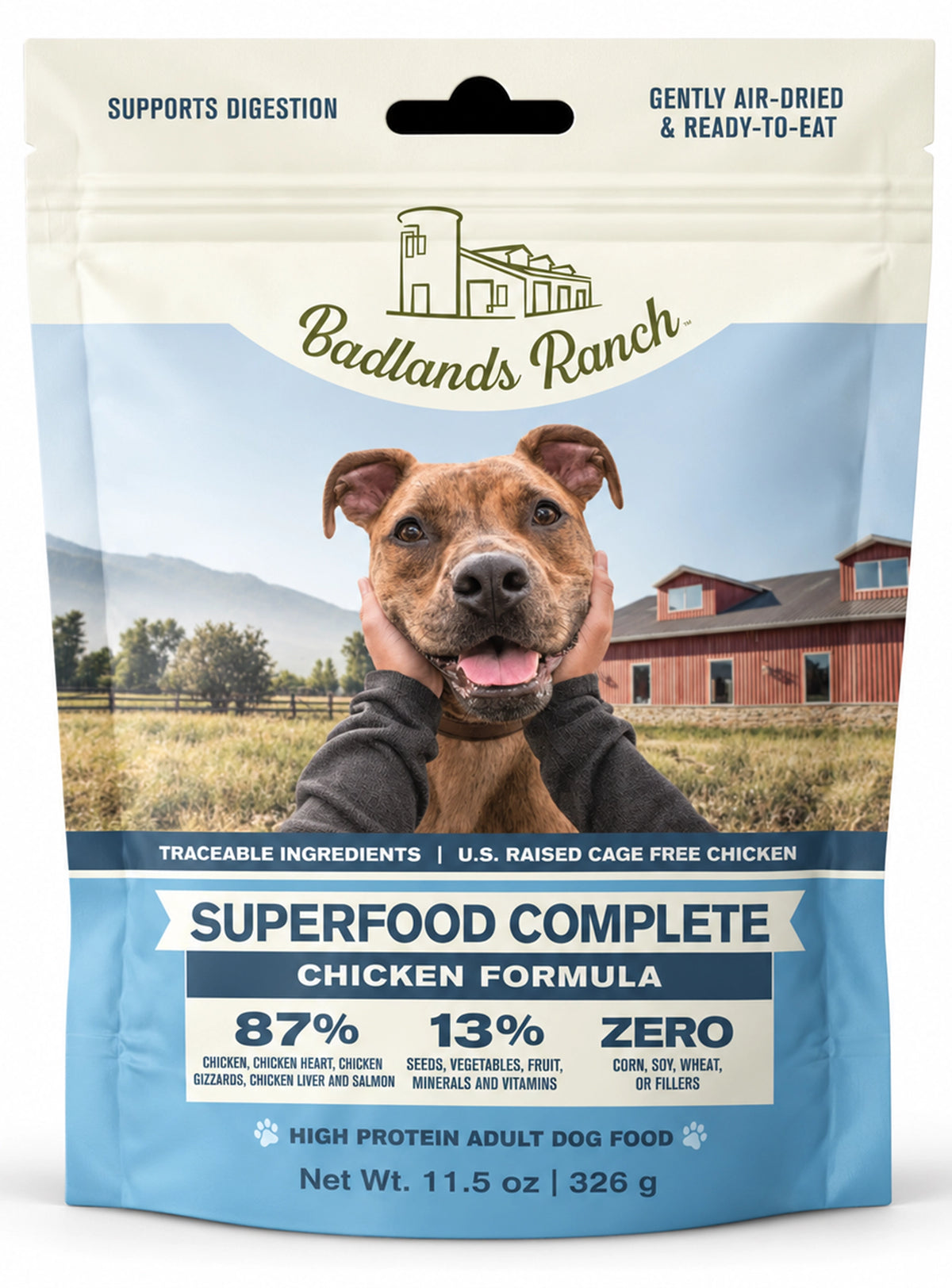 Front of Badlands Ranch Superfood Complete Air-Dried Dog Food Chicken 11.5-oz