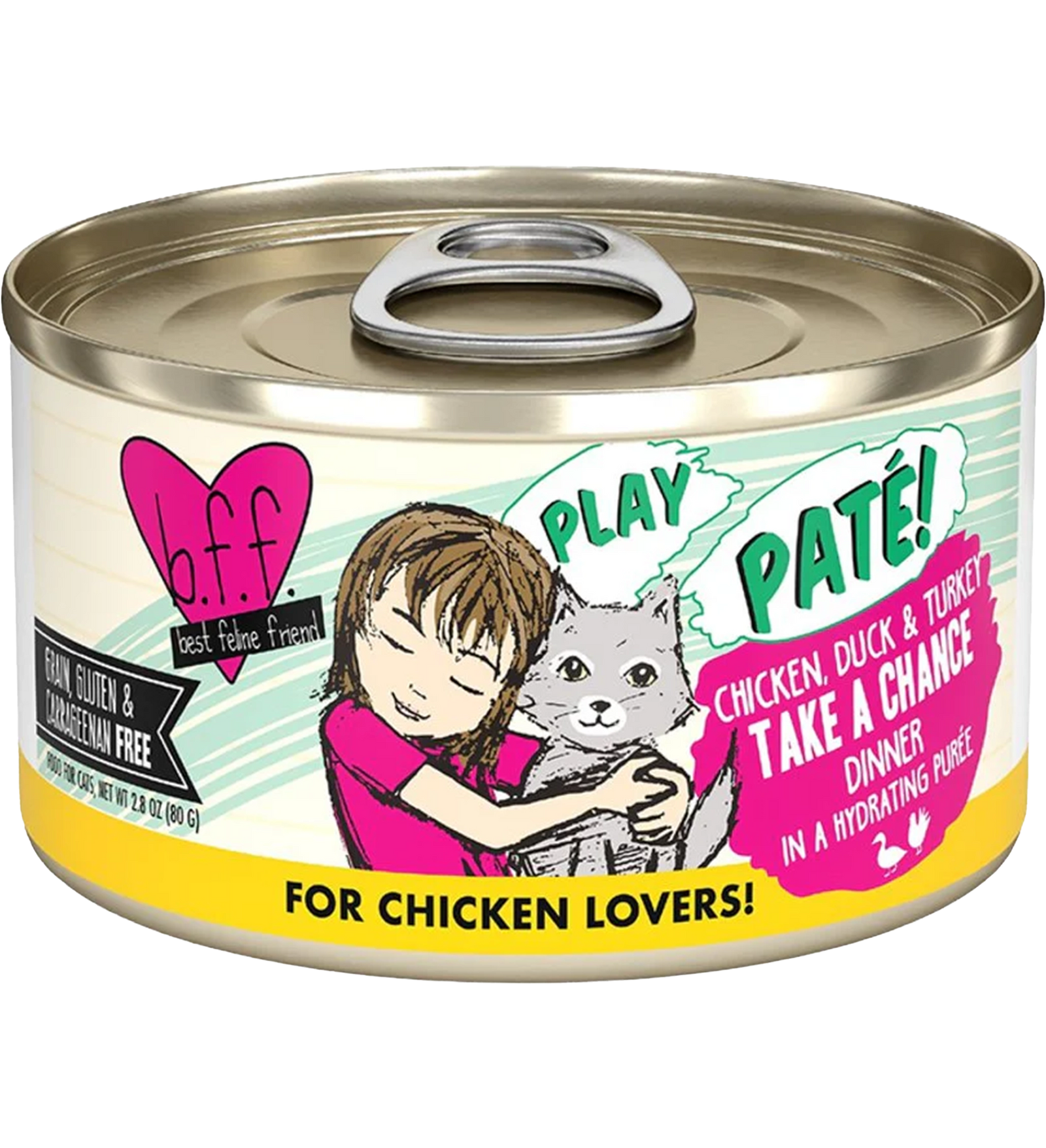 Front of Weruva B.F.F. PLAY Paté Chicken, Duck & Turkey Take A Chance Dinner in a Hydrating Purée Wet Cat Food 2.8-oz