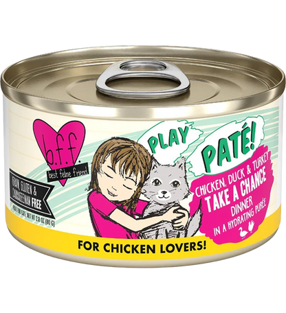 Front of Weruva B.F.F. PLAY Paté Chicken, Duck & Turkey Take A Chance Dinner in a Hydrating Purée Wet Cat Food 2.8-oz