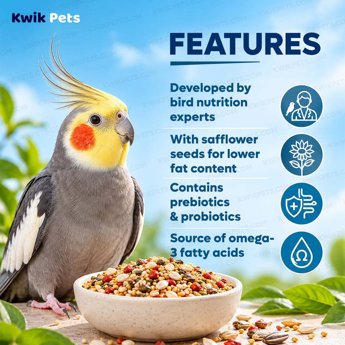 Features of Kaytee Forti-Diet Pro Health Cockatiel Food with Safflower 4-lb