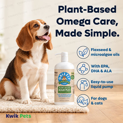 Features of Grizzly Omegas Plant Based Algae Plus Food Supplement for Dogs & Cats 8-oz