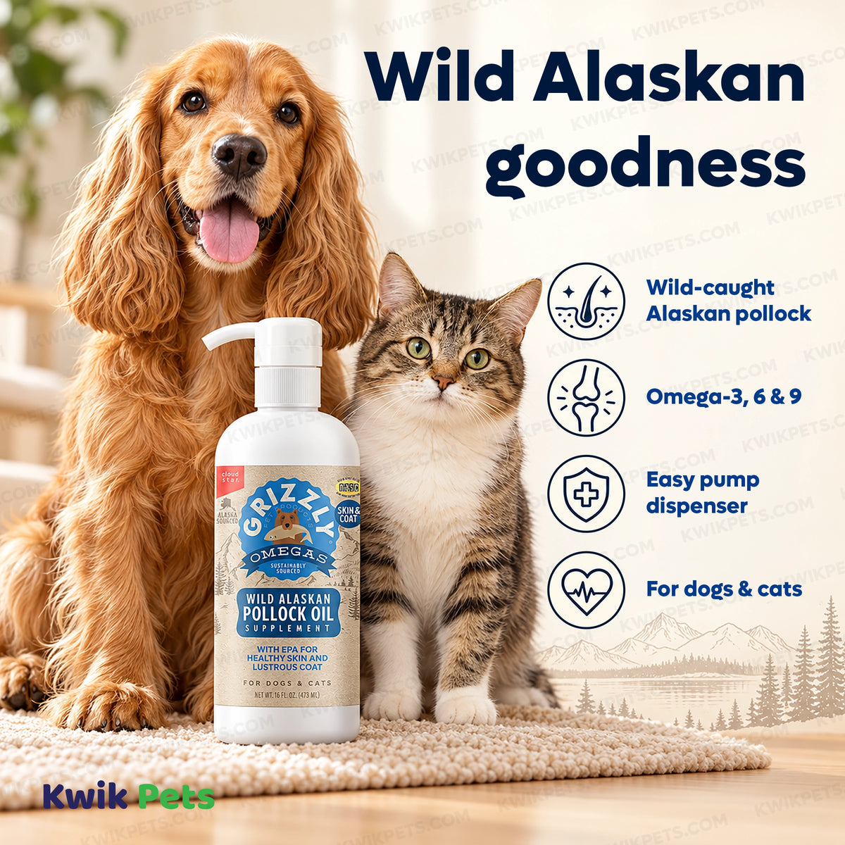 Features of Grizzly Wild Alaskan Pollock Oil Food Supplement for Dogs & Cats 16-oz