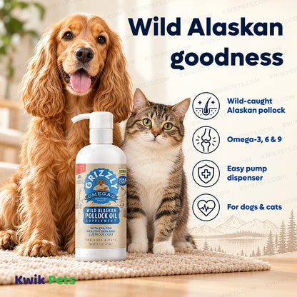 Features of Grizzly Wild Alaskan Pollock Oil Food Supplement for Dogs & Cats 16-oz