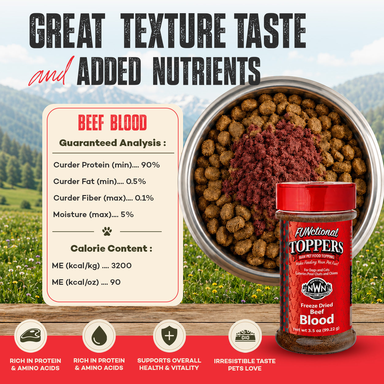 Guaranteed Analysis info & Calorie Content of Northwest Naturals Functional Freeze Dried Dog & Cat Food Topper Beef Blood 3.5-oz
