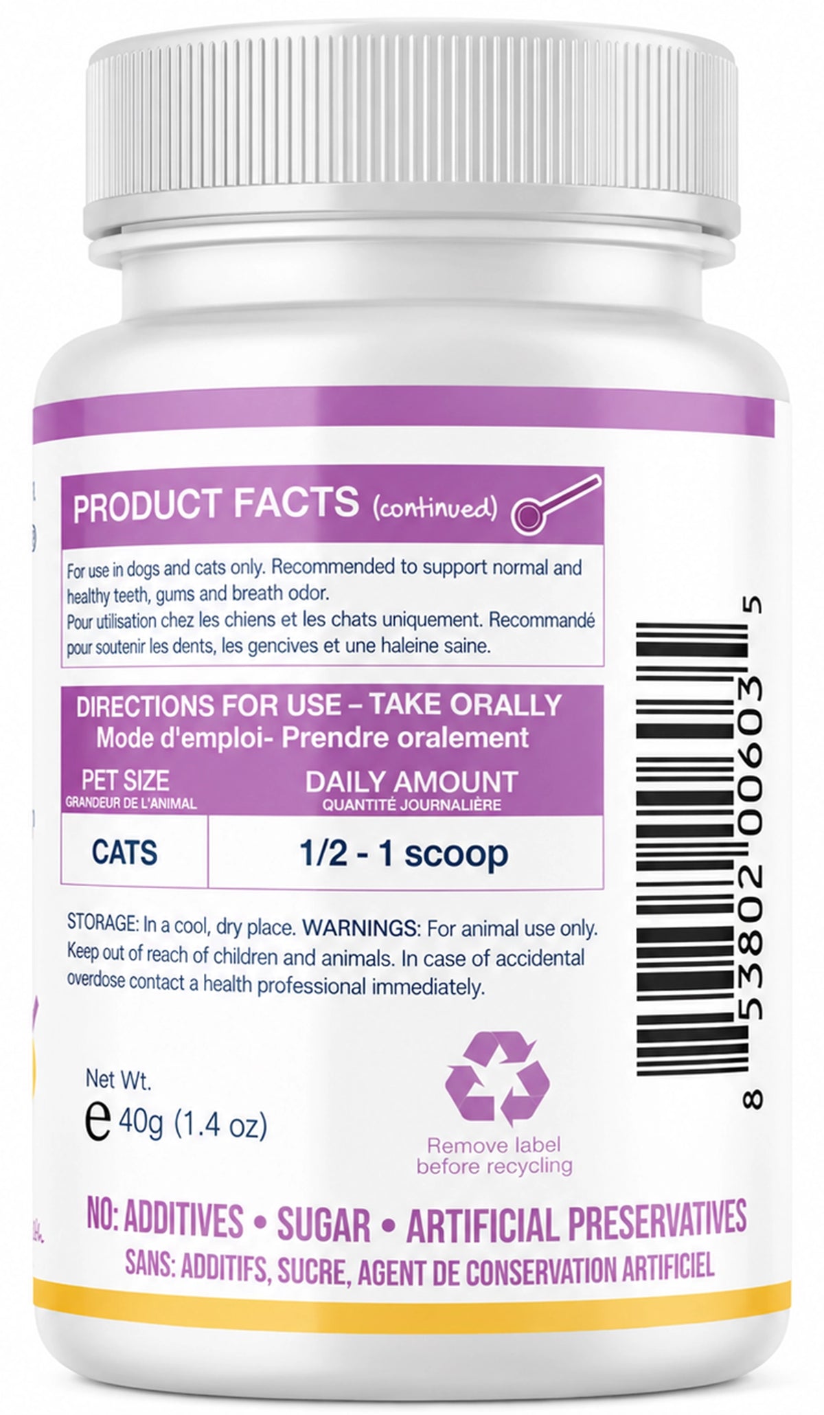 Back of NaturVet Proden PlaqueOff Powder for Cats 40g