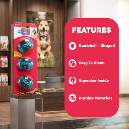 Featues of KONG Squeezz Action Ball Dog Toy Red Medium