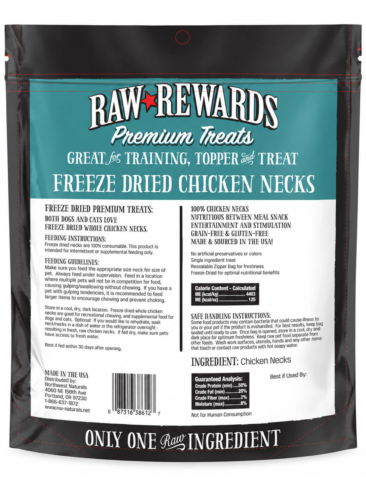 Back of Northwest Naturals Raw Rewards Premium Freeze Dried Dog & Cat Treats Chicken Neck 4-oz