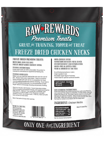 Back of Northwest Naturals Raw Rewards Premium Freeze Dried Dog & Cat Treats Chicken Neck 4-oz