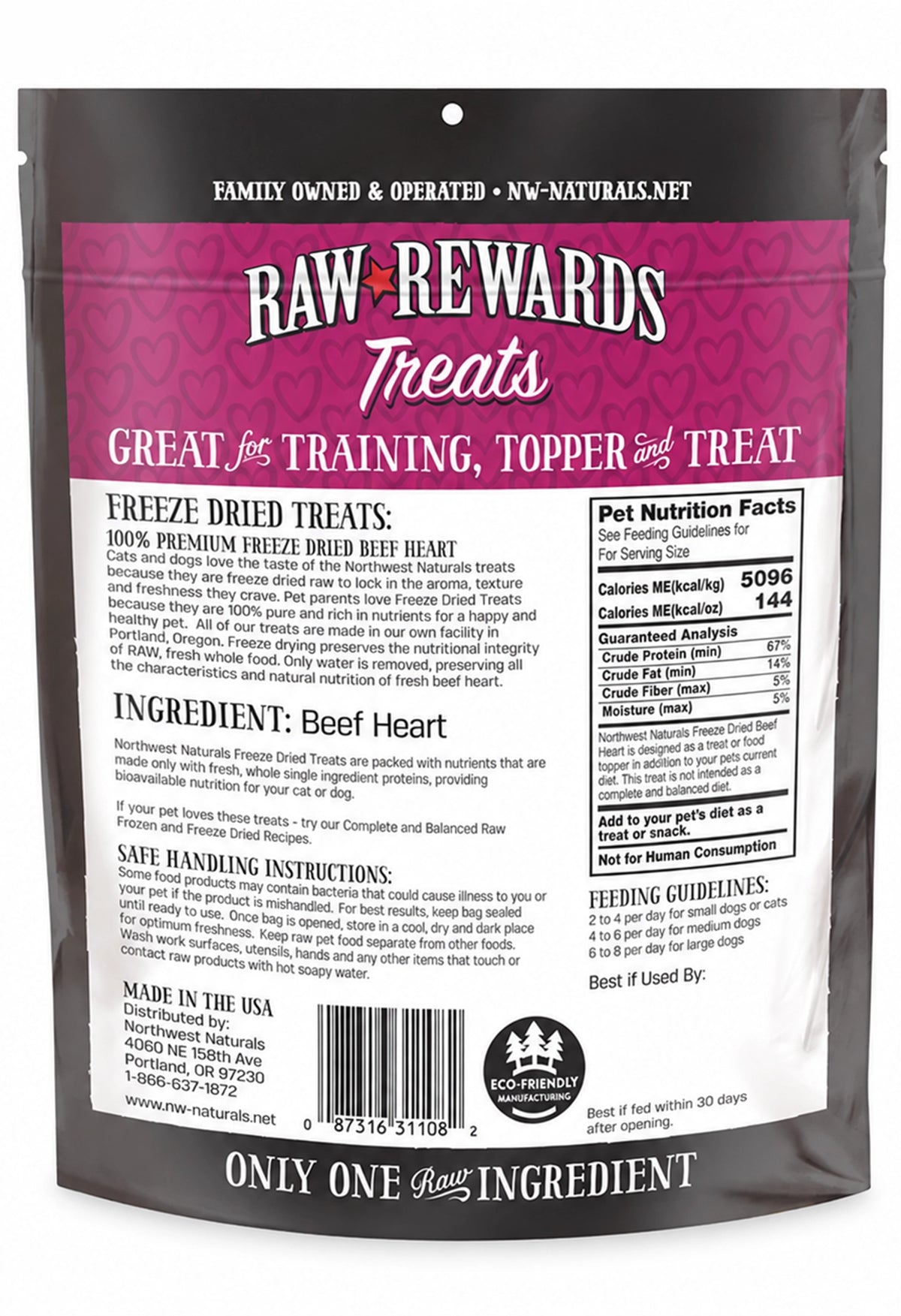 Back of Northwest Naturals Raw Rewards Freeze Dried Dog & Cat Treats Beef Heart 3-oz