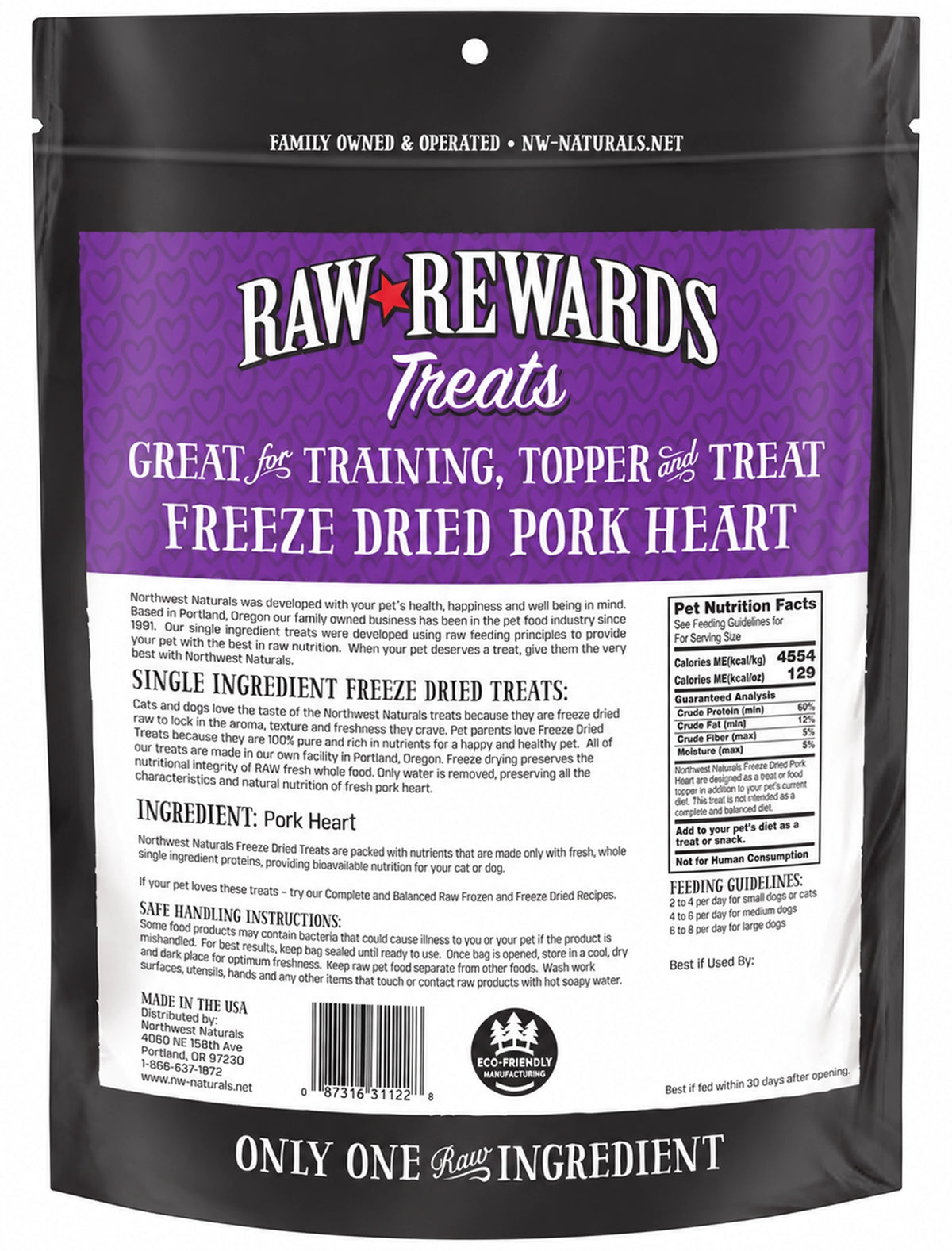 Back of Northwest Naturals Raw Rewards Freeze Dried Dog & Cat Treats Pork Heart 3-oz
