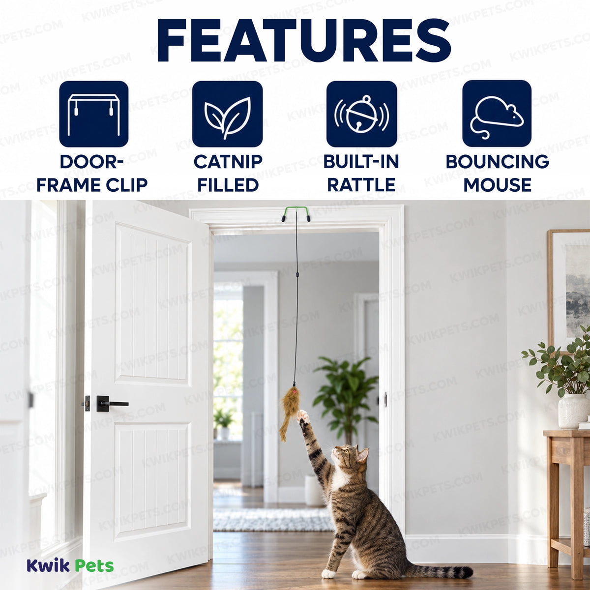 Features f Spot A-Door-Able Bouncing Mouse Rattle & Catnip Cat Toy Assorted