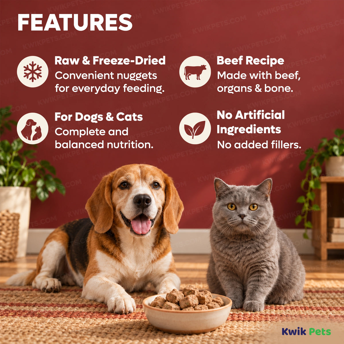 Back of Steve's Real Food Freeze-Dried Nuggets Raw Dog & Cat Food Beef Recipe 1.25-lb
