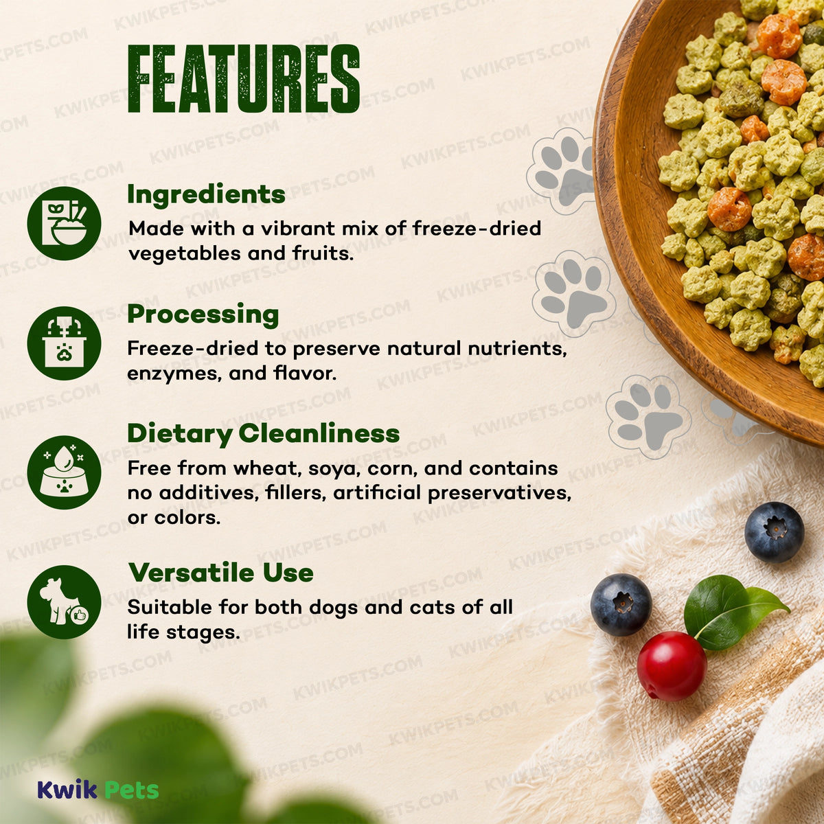 Features of Northwest Naturals Functional Freeze Dried Dog & Cat Food Topper Veggie and Fruits 3-oz