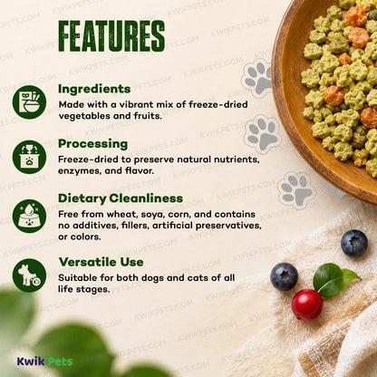 Features of Northwest Naturals Functional Freeze Dried Dog & Cat Food Topper Veggie and Fruits 3-oz