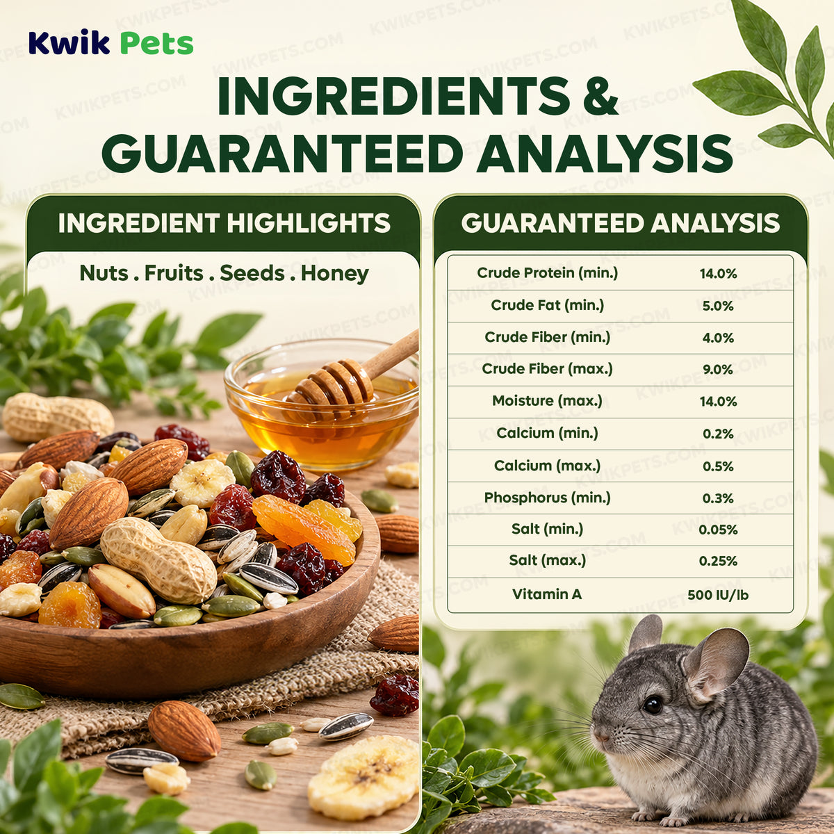 Ingredients info & Guaranteed Analysis of Kaytee Healthy Bits Treat for Rabbits Guinea Pigs & Chinchillas 4.5-oz