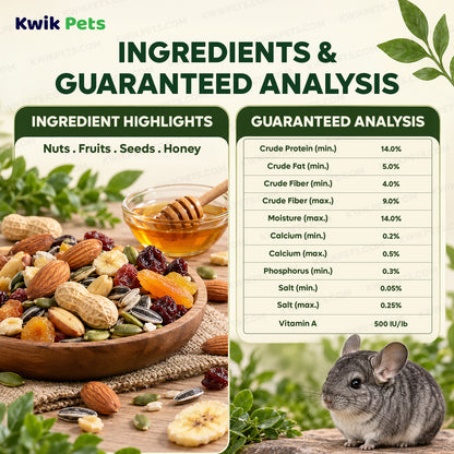 Ingredients info & Guaranteed Analysis of Kaytee Healthy Bits Treat for Rabbits Guinea Pigs & Chinchillas 4.5-oz