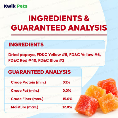Ingredients info & Guaranteed Analysis of Kaytee Healthy Toppings Papaya Bits for All Pet Birds 2.5-oz