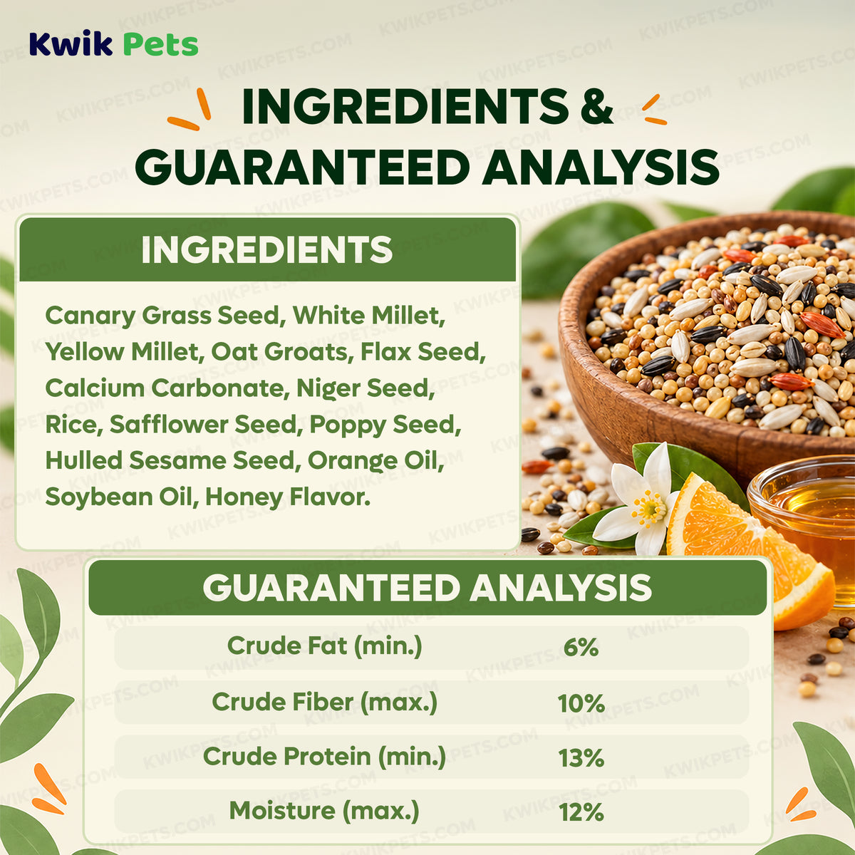 Ingredients info & Guaranteed Analysis of Kaytee Orange Flavored Parakeet Bird Treat 10-oz
