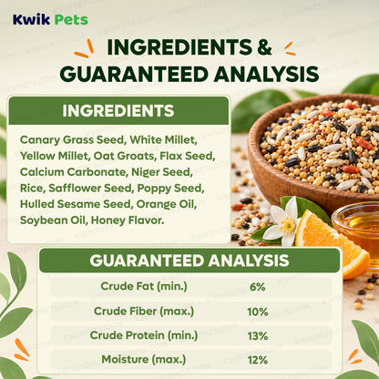 Ingredients info & Guaranteed Analysis of Kaytee Orange Flavored Parakeet Bird Treat 10-oz