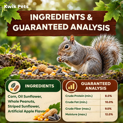 Ingredients info & Guaranteed Analysis of Kaytee Squirrel & Critter Blend Wildlife Food 10-lb
