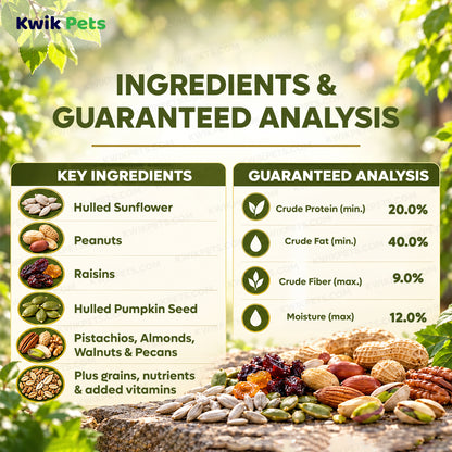  Ingredients info & Guaranteed Analysis of Kaytee Ultra Waste Free Nut & Raisin Blend Wild Bird Food 5-lb
