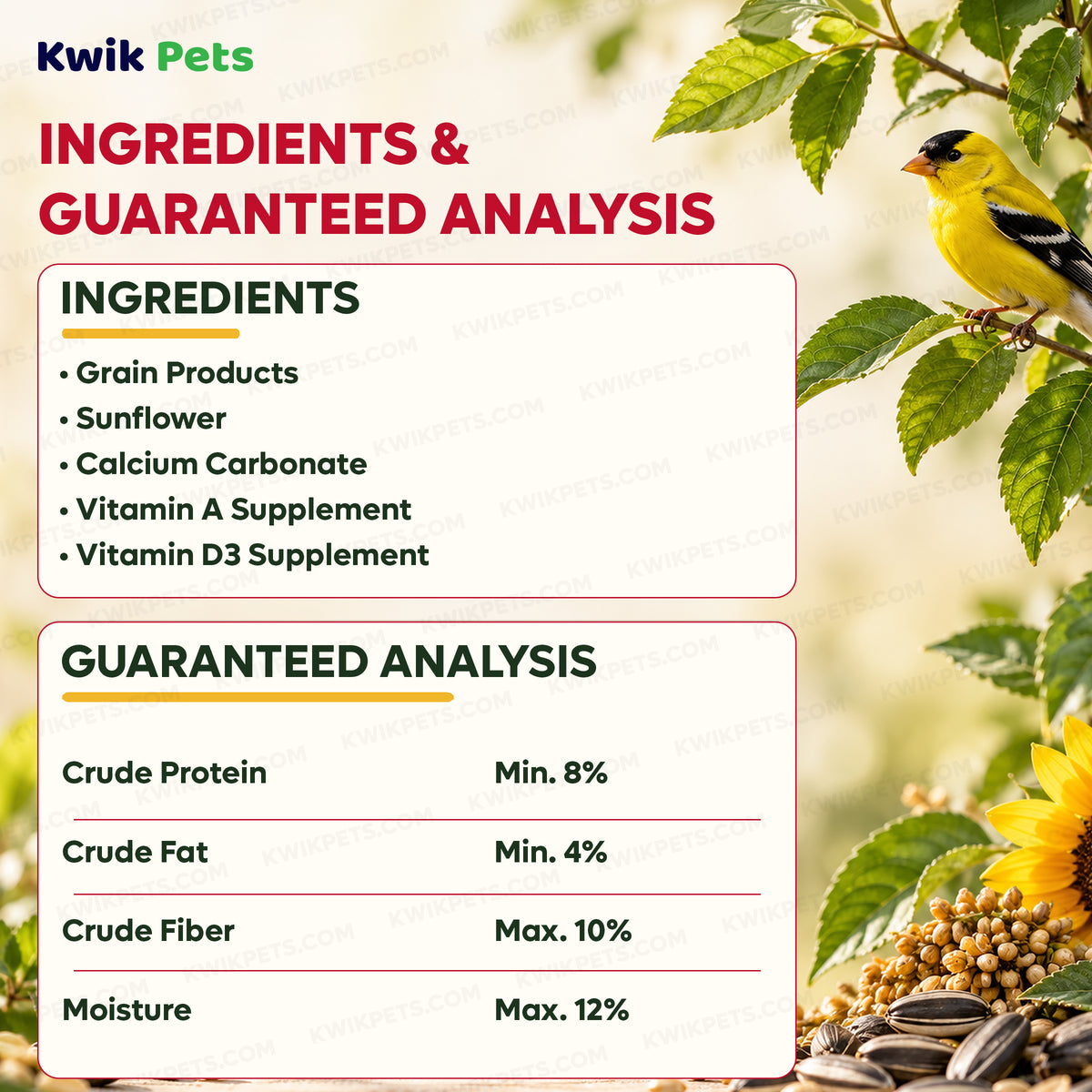 Ingredients info & Guaranteed Analysis of Kaytee Basic Blend Wild Bird Food 5-lb