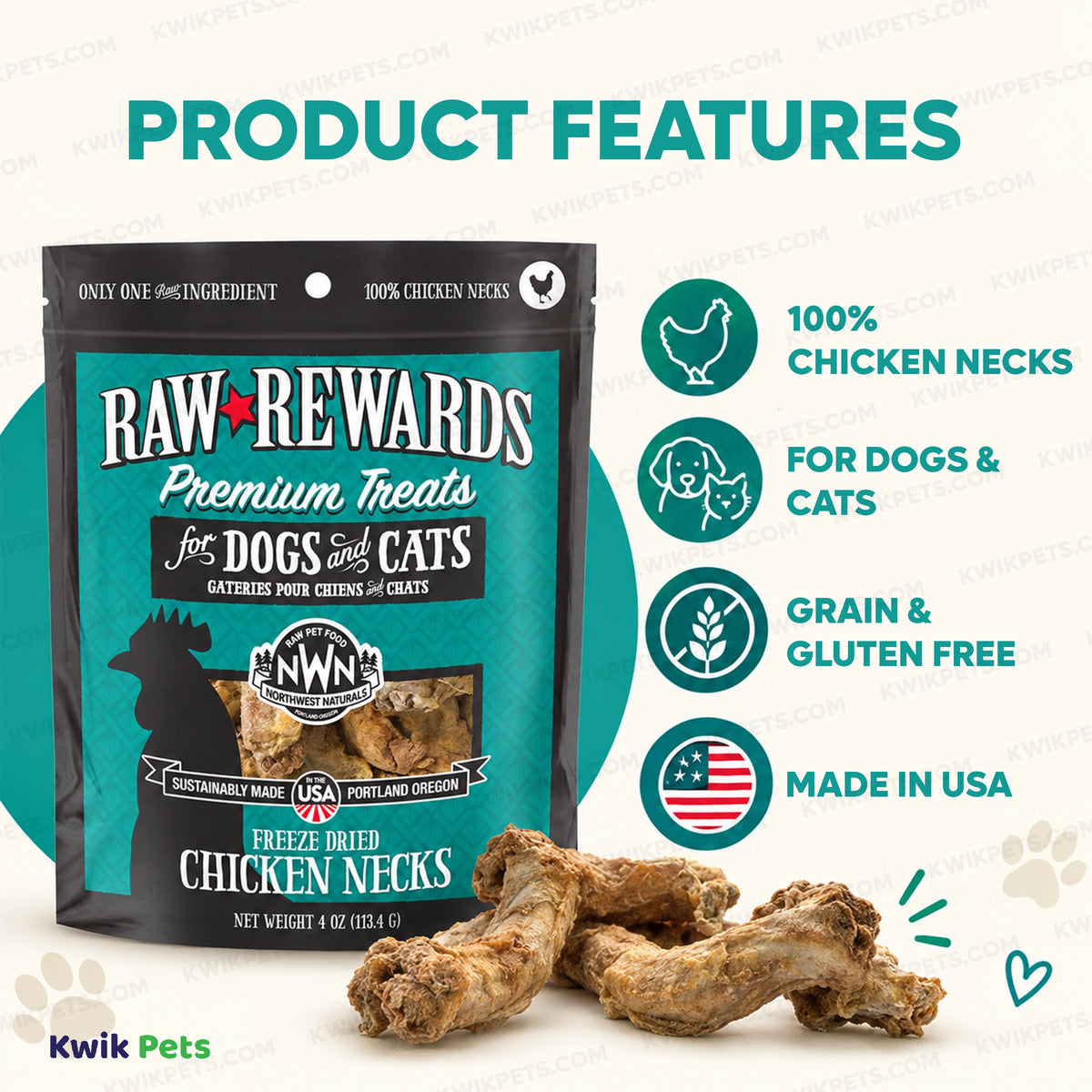 Features of Northwest Naturals Raw Rewards Premium Freeze Dried Dog & Cat Treats Chicken Neck 4-oz