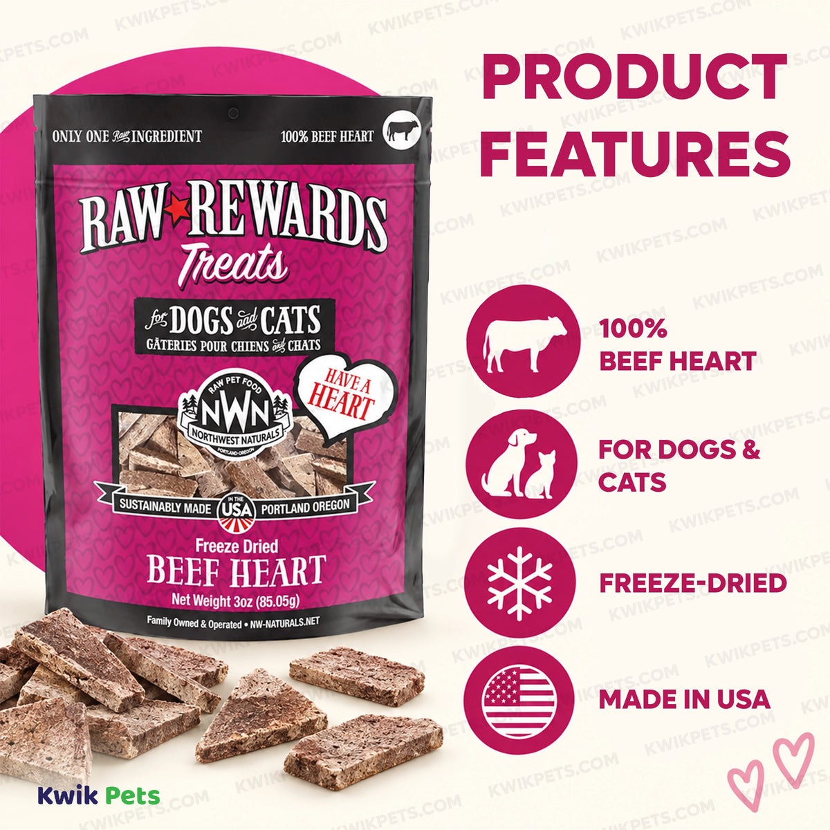 Features of Northwest Naturals Raw Rewards Freeze Dried Dog & Cat Treats Beef Heart 3-oz